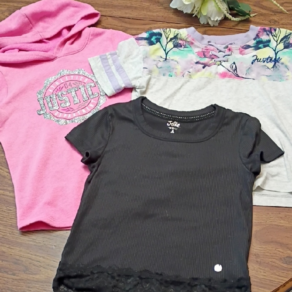 🩷Justice Girls Bundle Size Small 7/8 Pink Hoodie, Black Tee, and Multicolor Top